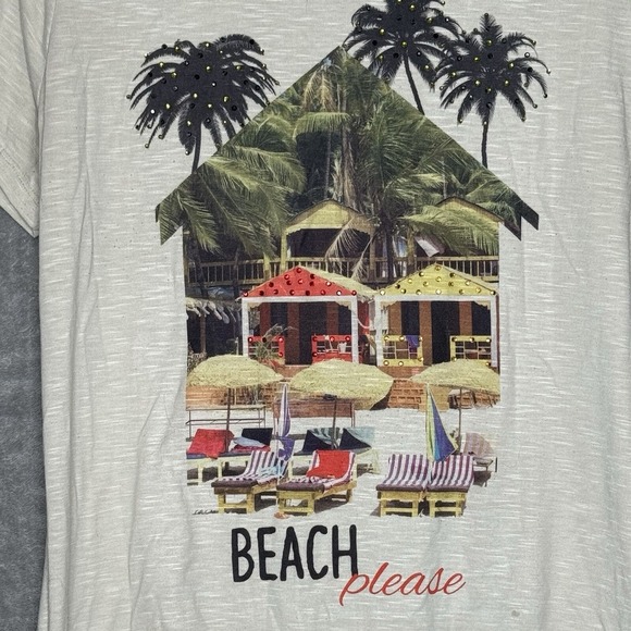 Style & Co 1X Top Shirt Beige Beach Graphic Short Sleeve Scoop Neck Fringe Knit - Picture 3 of 8